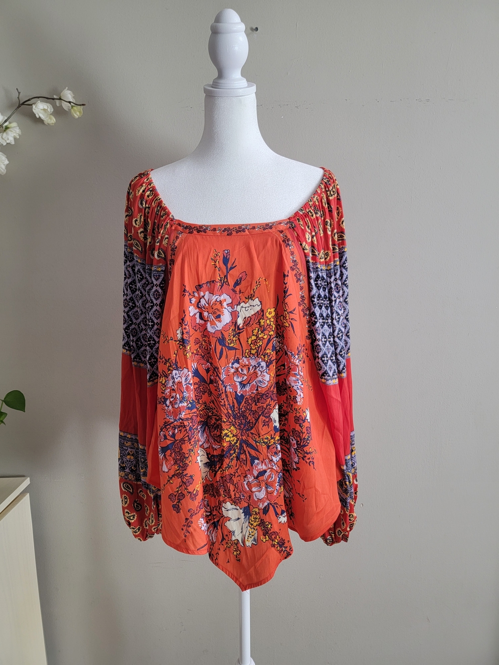 Free People Coral Floral Peasant Blouse Size Small